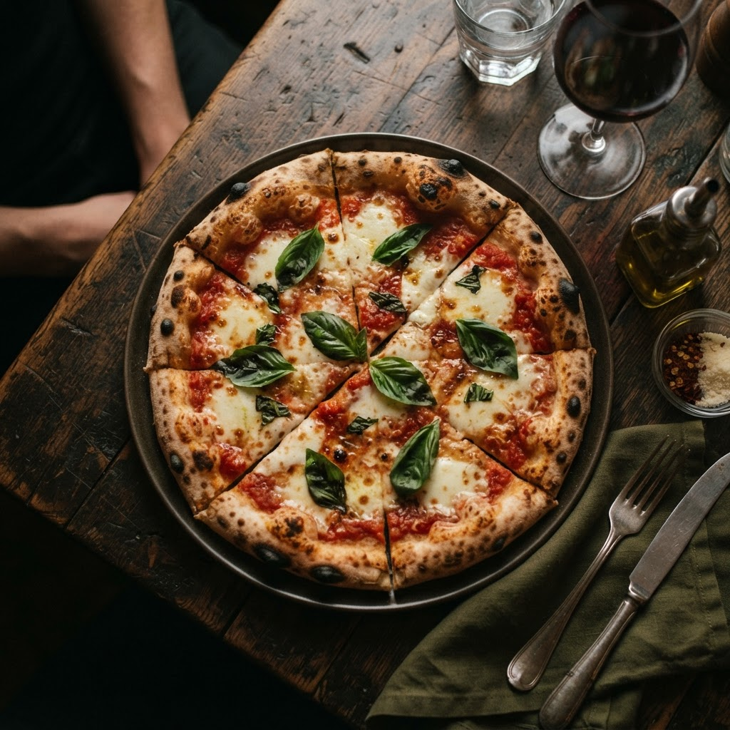Freshly baked Margherita pizza with basil and mozzarella