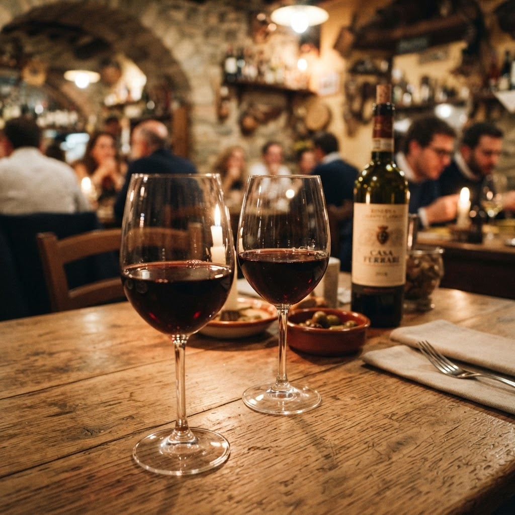 Two glasses of Italian red wine on a rustic table